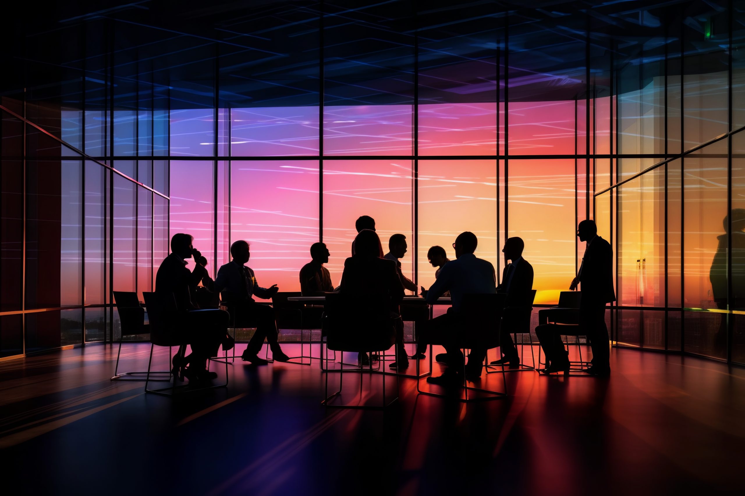 Silhouettes of people in a meeting room with a colorful window behind them Generative AI