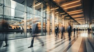 Long exposure shot of crowd of business people walking in bright office lobby fast moving with blurry, Generative AI